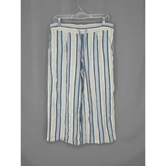 Per Se Pants - Per Se Pants Womens L Blue White Striped Linen Wide Leg Crop Coastal Summer